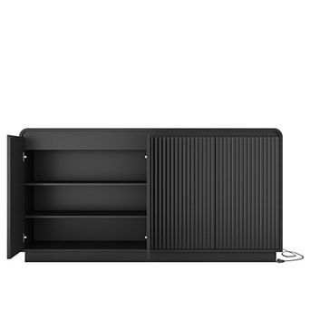 Trikiousd Fluted Sideboard Handleless Wave Design Storage Cabinet TV Console Table with Power Outlet