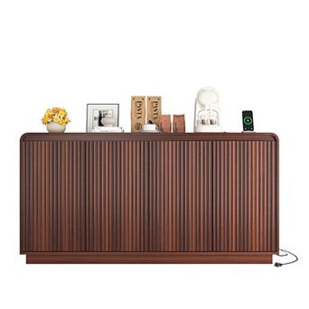 Trikiousd Fluted Sideboard Handleless Wave Design Storage Cabinet TV Console Table with Power Outlet