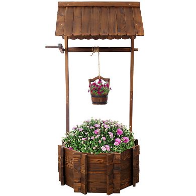 Trikiousd Rustic Wishing Well Planter Outdoor Garden Patio Wooden Decor Planter