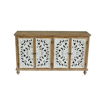 Trikiousd Distressed Wooden Accent Cabinet 4 Hollow-carved Door Buffet Sideboard Storage Cabinet