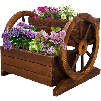 Trikiousd 2 tier Wooden Wagon Planter Box with Wheels, Indoor & Outdoor Decor Planter Flower Cart