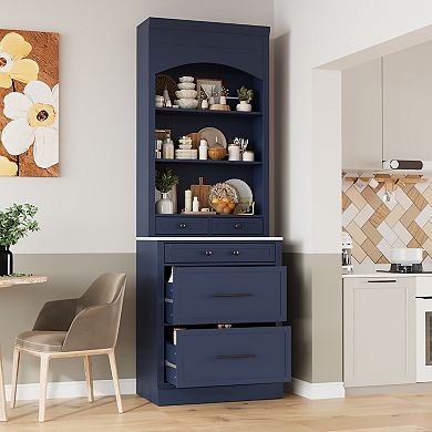 Trikiousd 83.7 Inch Tall Sideboard Storage Cabinet with Faux Marble Top Console
