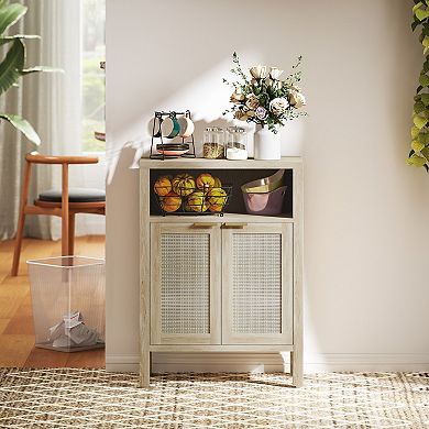 Trikiousd Rattan Buffet Cabinet Accent Cabinet, 2 Doors Sideboard Storage Cabinet