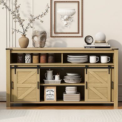 Trikiousd Farmhouse Sideboard Coffee Bar Cabinet, Sliding Barn Doors Buffet Cabinet Server Table