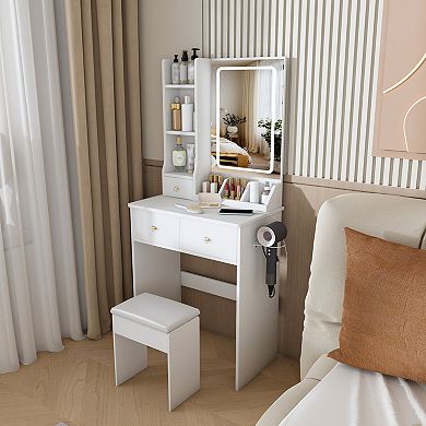 Trikiousd Modern Small Makeup Table and Dressing Chair Set, Vanity Desk with LED Lighted Mirror