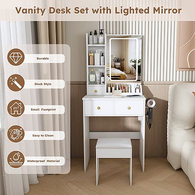 Trikiousd Modern Small Makeup Table and Dressing Chair Set, Vanity Desk with LED Lighted Mirror