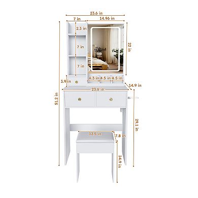 Trikiousd Modern Small Makeup Table and Dressing Chair Set, Vanity Desk with LED Lighted Mirror