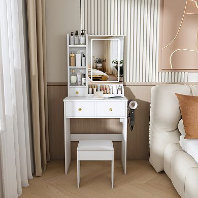 Trikiousd Modern Small Makeup Table and Dressing Chair Set, Vanity Desk with LED Lighted Mirror