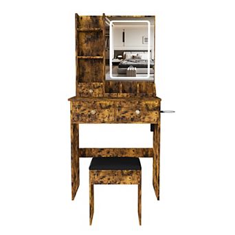 Trikiousd Modern Small Makeup Table and Dressing Chair Set, Vanity Desk with LED Lighted Mirror