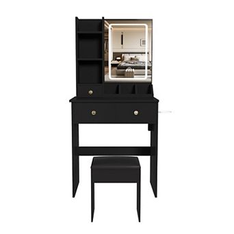 Trikiousd Modern Small Makeup Table and Dressing Chair Set, Vanity Desk with LED Lighted Mirror