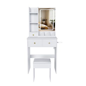 Trikiousd Modern Small Makeup Table and Dressing Chair Set, Vanity Desk with LED Lighted Mirror