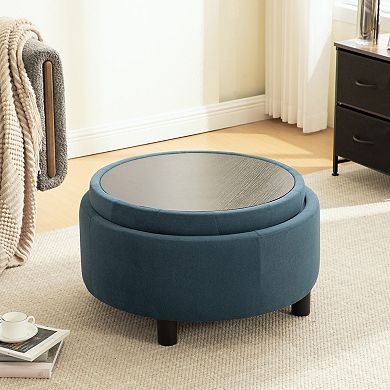 Trikiousd Round Storage Ottoman with Reversible Lid, Upholstered Footstool Convenient Coffee Table