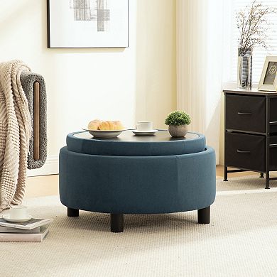 Trikiousd Round Storage Ottoman with Reversible Lid, Upholstered Footstool Convenient Coffee Table