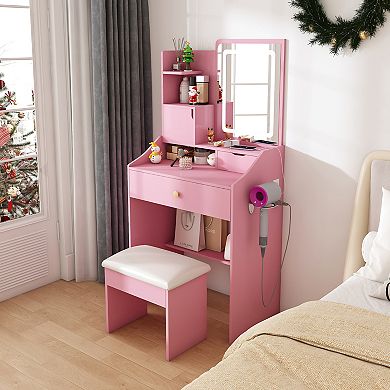Trikiousd Makeup Vanity Desk with LED Mirror, Built-in Dressing Table & Makeup Stool Set for Bedroom