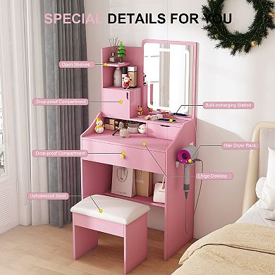 Trikiousd Makeup Vanity Desk with LED Mirror, Built-in Dressing Table & Makeup Stool Set for Bedroom