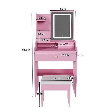 Trikiousd Makeup Vanity Desk with LED Mirror, Built-in Dressing Table & Makeup Stool Set for Bedroom