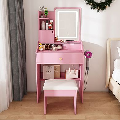 Trikiousd Makeup Vanity Desk with LED Mirror, Built-in Dressing Table & Makeup Stool Set for Bedroom