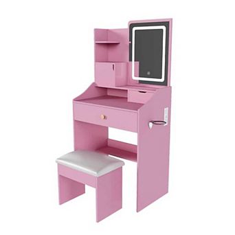 Trikiousd Makeup Vanity Desk with LED Mirror, Built-in Dressing Table & Makeup Stool Set for Bedroom