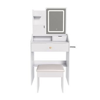 Trikiousd Makeup Vanity Desk with LED Mirror, Built-in Dressing Table & Makeup Stool Set for Bedroom