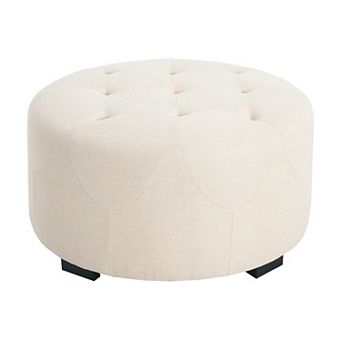 Trikiousd Button Tufted Round Ottoman, Upholstered Linen Accent Seat Footrest with Birch Wood Legs