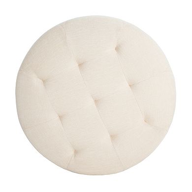 Trikiousd Button Tufted Round Ottoman, Upholstered Linen Accent Seat Footrest with Birch Wood Legs