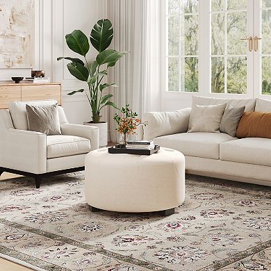 Trikiousd Button Tufted Round Ottoman, Upholstered Linen Accent Seat Footrest with Birch Wood Legs