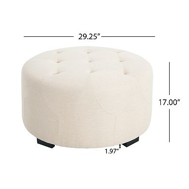 Trikiousd Button Tufted Round Ottoman, Upholstered Linen Accent Seat Footrest with Birch Wood Legs