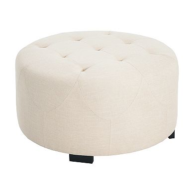 Trikiousd Button Tufted Round Ottoman, Upholstered Linen Accent Seat Footrest with Birch Wood Legs