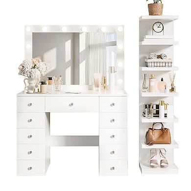 Trikiousd Makeup Vanity Desk with Bulbs & 7-Tier Storage Shelves, Dressing Table with Power Outlet