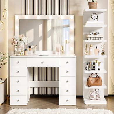 Trikiousd Makeup Vanity Desk with Bulbs & 7-Tier Storage Shelves, Dressing Table with Power Outlet