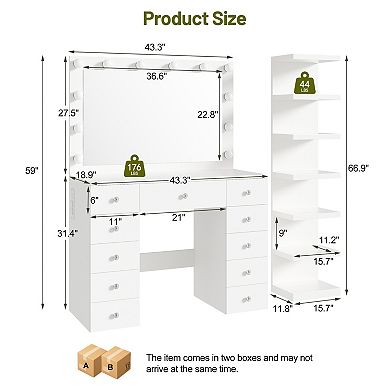 Trikiousd Makeup Vanity Desk with Bulbs & 7-Tier Storage Shelves, Dressing Table with Power Outlet