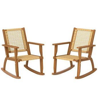 Trikiousd PE Wicker Rocking Chairs Set of 2, Wooden Outdoor Rockers Weather Resistant Lawn Chairs