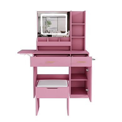 Trikiousd LED Mirror Makeup Vanity Table with Storage Stool for Girls and Women