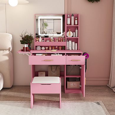 Trikiousd LED Mirror Makeup Vanity Table with Storage Stool for Girls and Women