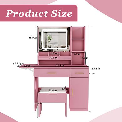 Trikiousd LED Mirror Makeup Vanity Table with Storage Stool for Girls and Women