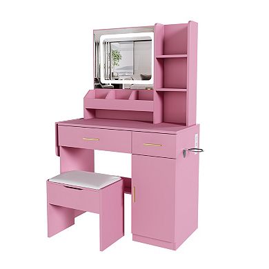 Trikiousd LED Mirror Makeup Vanity Table with Storage Stool for Girls and Women