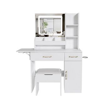 Trikiousd LED Mirror Makeup Vanity Table with Storage Stool for Girls and Women