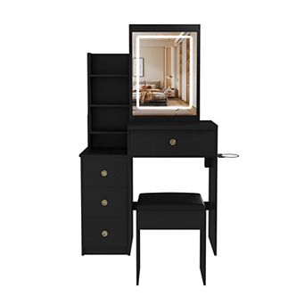 Trikiousd Makeup Vanity Desk Set with Mirror, Hair Dryer Holder and Dressing Stool