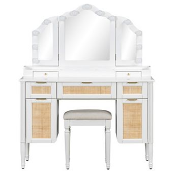 Trikiousd Large Makeup Vanity Table and Stool Set, Dressing Table with Mirror & Charging Station