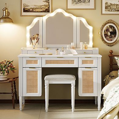 Trikiousd Large Makeup Vanity Table and Stool Set, Dressing Table with Mirror & Charging Station