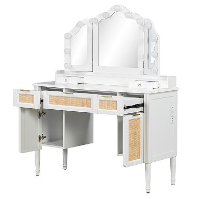 Trikiousd Large Makeup Vanity Table and Stool Set, Dressing Table with Mirror & Charging Station