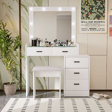 Trikiousd Makeup Vanity Desk Set, 5 Drawers Dresser Dressing Table with Large Vanity Mirror & Stool