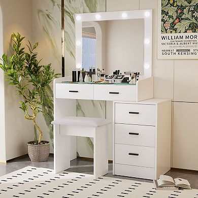Trikiousd Makeup Vanity Desk Set, 5 Drawers Dresser Dressing Table with Large Vanity Mirror & Stool