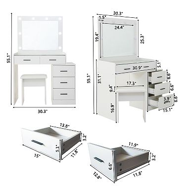 Trikiousd Makeup Vanity Desk Set, 5 Drawers Dresser Dressing Table with Large Vanity Mirror & Stool