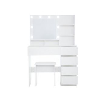Trikiousd Makeup Vanity Desk Set with Mirror & LED Bulbs, 4-drawer Dresser Dressing Table with Stool