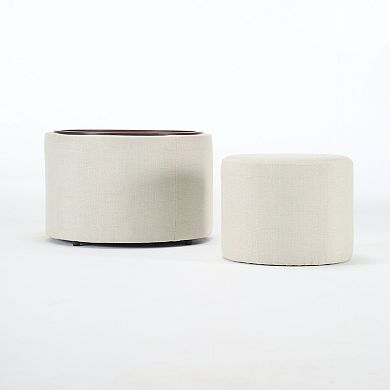 Trikiousd 2-Piece Round Storage Ottomans Set, Linen Upholstered Footstool and Coffee Table Set