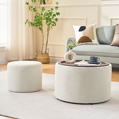 Trikiousd 2-Piece Round Storage Ottomans Set, Linen Upholstered Footstool and Coffee Table Set