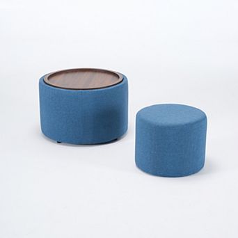 Trikiousd 2 pc Round Storage Ottomans Set, Linen Upholstered Footstool and Coffee Table Set