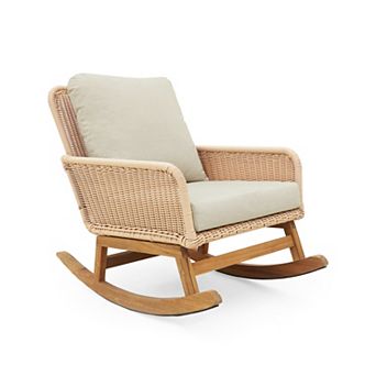 Trikiousd Indoor Outdoor Wicker Rocking Chair Wooden Frame Patio Rocker Lounge Chair with Cushions