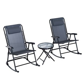 Trikiousd Outdoor Folding Rocking Chairs and Coffee Table Set, 3 pc Camping Chair Set Bistro Set